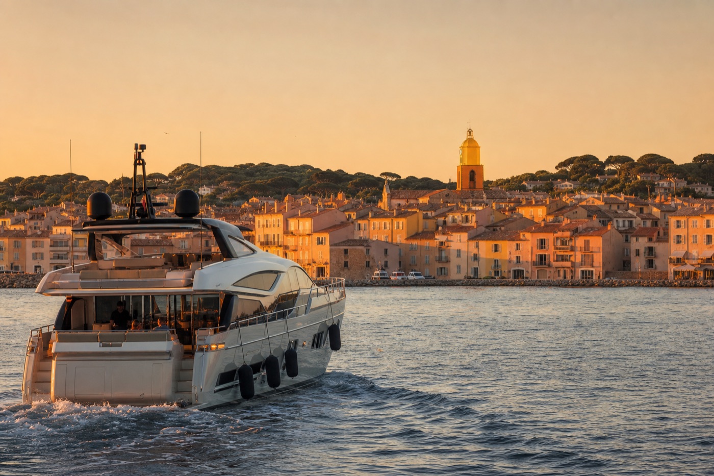 Golden hour, return toward the Saint-Tropez bell tower
