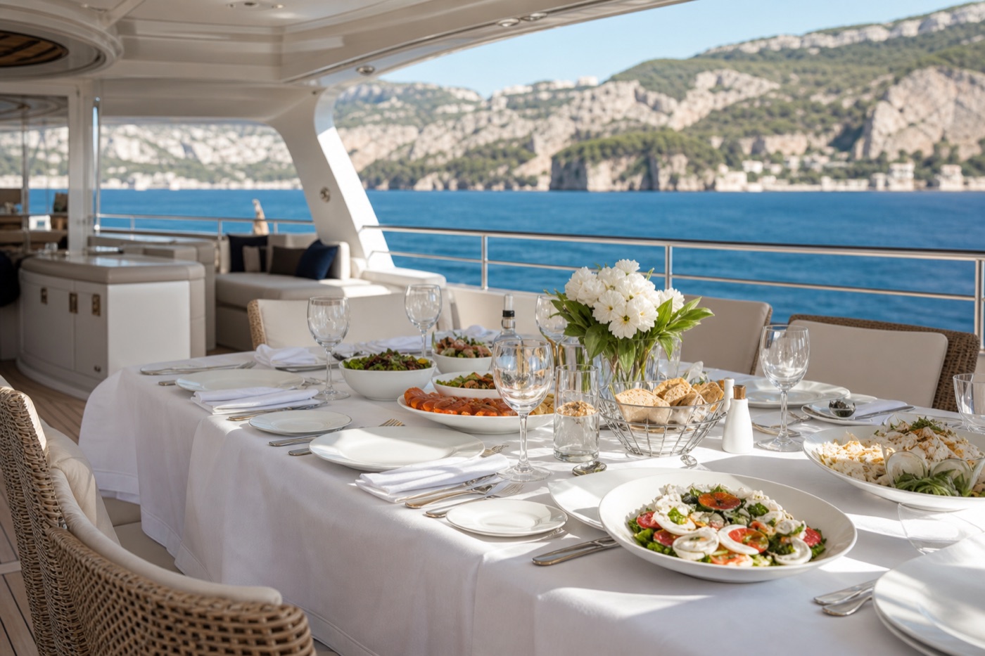 Lunch on deck, coast beyond