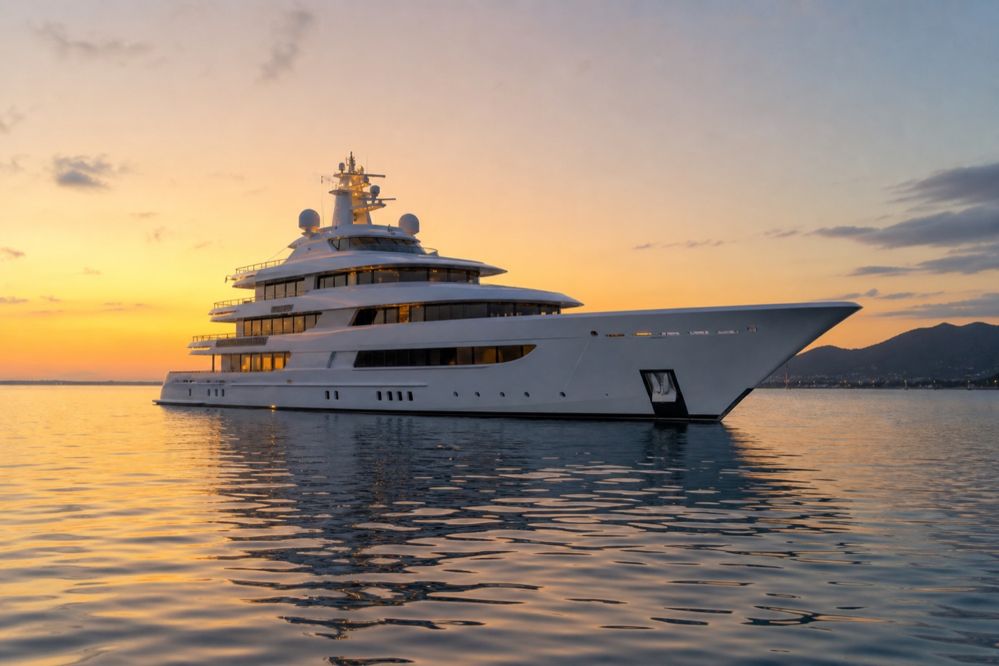 Luxury superyacht at anchor, golden hour