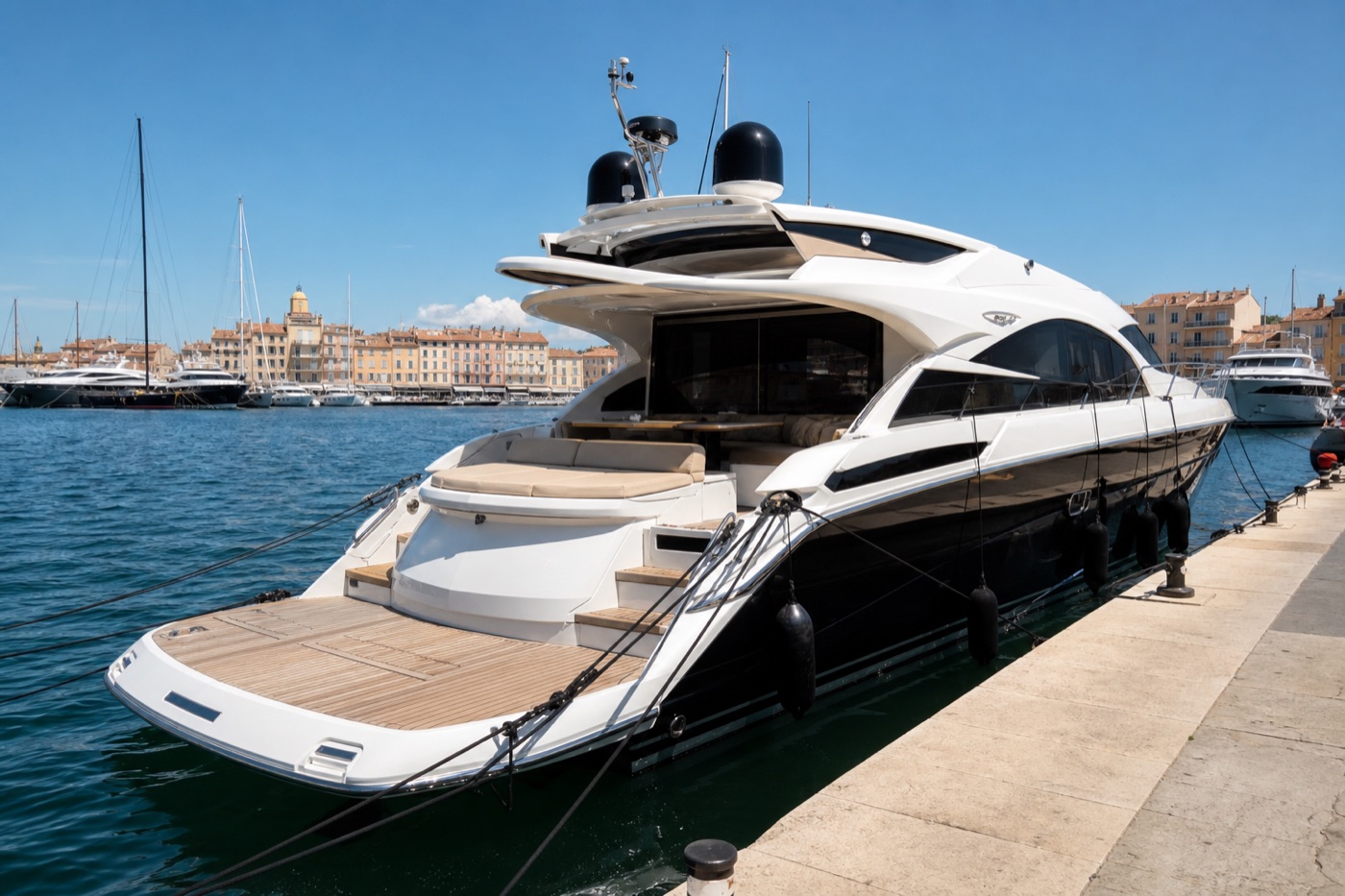 Yachts moored along the quay, for sale on the Côte d’Azur